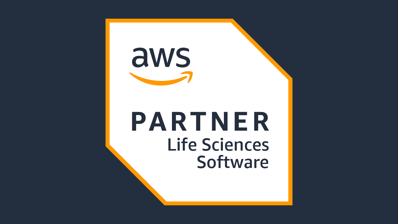 AWS Partner badge for Life Sciences Software, featuring a white shape outlined in orange on a dark blue background.