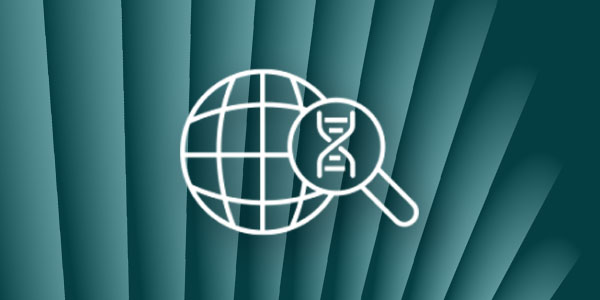 An abstract image depicting a globe and a magnifying glass with a DNA double helix, representing the intersection of global population genomics and machine learning in health sciences.