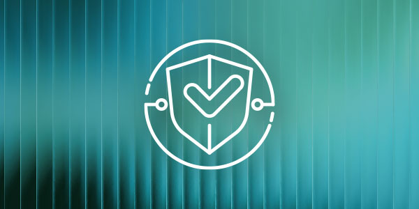A white shield with a checkmark icon representing governance or security is displayed on a blue-green gradient background. The design suggests health governance or security in a technology or healthcare context.