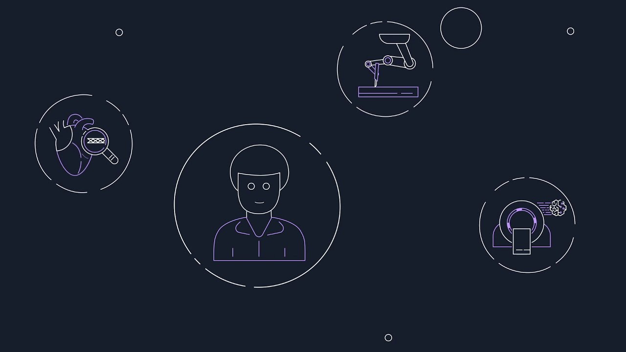 Illustrative graphic featuring icons of medical technology, including a healthcare professional, robotic surgical arm, heart with a stent, and MRI scanner. Designed as a YouTube thumbnail for presentations related to artificial intelligence and machine learning in healthcare.