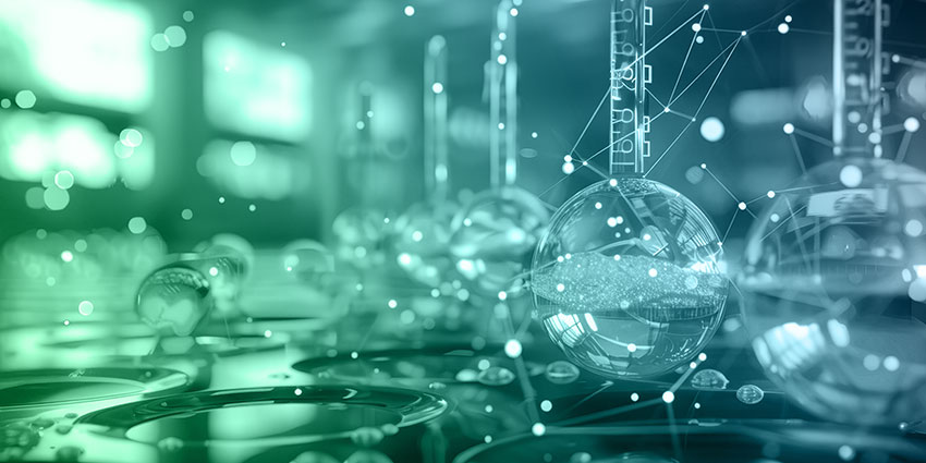 A computer-generated image showing laboratory glassware, molecular structures, and a digital network overlay, representing the intersection of healthcare, scientific research, and artificial intelligence in a modern laboratory environment.