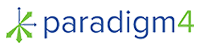 Paradigm4 company logo with text 'paradigm4' and abstract design elements.