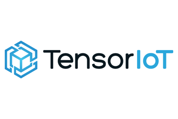 TensorIoT logo with stylized blue geometric icon and black and blue text on a white background.