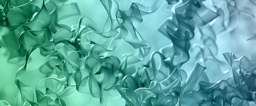 Abstract visualization of protein structures in soft blue and green tones, representing molecular biology or healthcare and life sciences concepts.