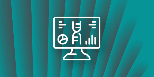 Illustration of a computer monitor displaying genomics data visualizations, including a DNA strand, graphs, and pie chart, symbolizing machine learning applications in healthcare and genomics. Teal background with abstract patterns.