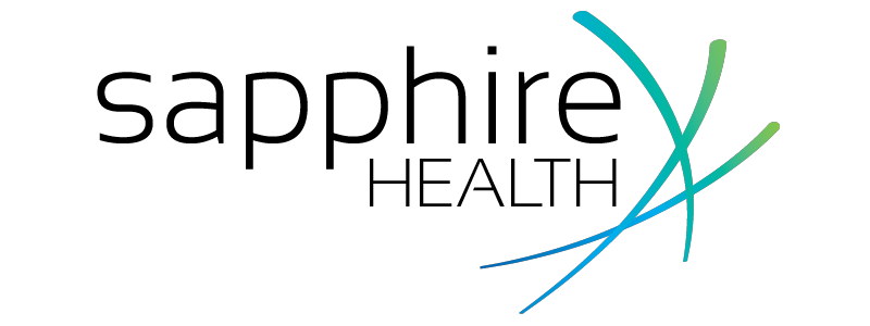 Logo of Sapphire Health featuring the company name and abstract blue and green lines.