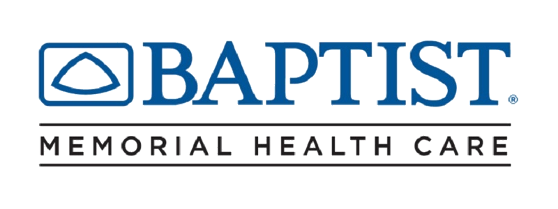 Logo for Baptist Memorial Health Care, featuring the text 'BAPTIST Memorial Health Care' with a blue icon to the left.