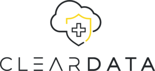 Logo for ClearDATA featuring a cloud outline and a yellow shield with a medical cross, representing healthcare data security.