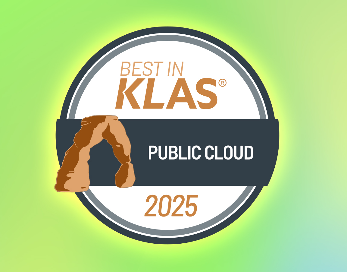 A badge graphic displaying 'Best in KLAS Public Cloud 2025' with an arch symbol on a green and yellow gradient background, representing a recognition award for public cloud services.