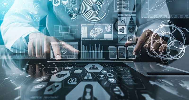 A person in a lab coat interacts with a digital interface displaying futuristic healthcare and machine learning data visualizations, graphs, and medical icons.