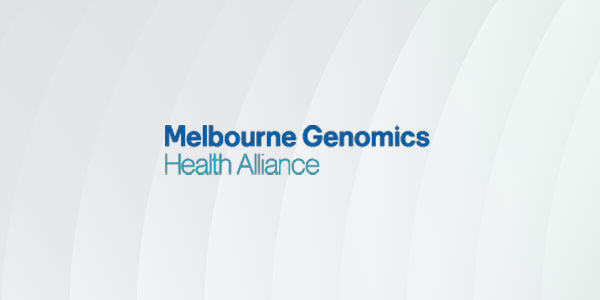 Logo for Melbourne Genomics Health Alliance with curved lines in the background.