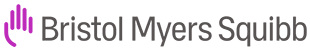 The Bristol Myers Squibb company logo featuring the brand name and an abstract purple symbol.