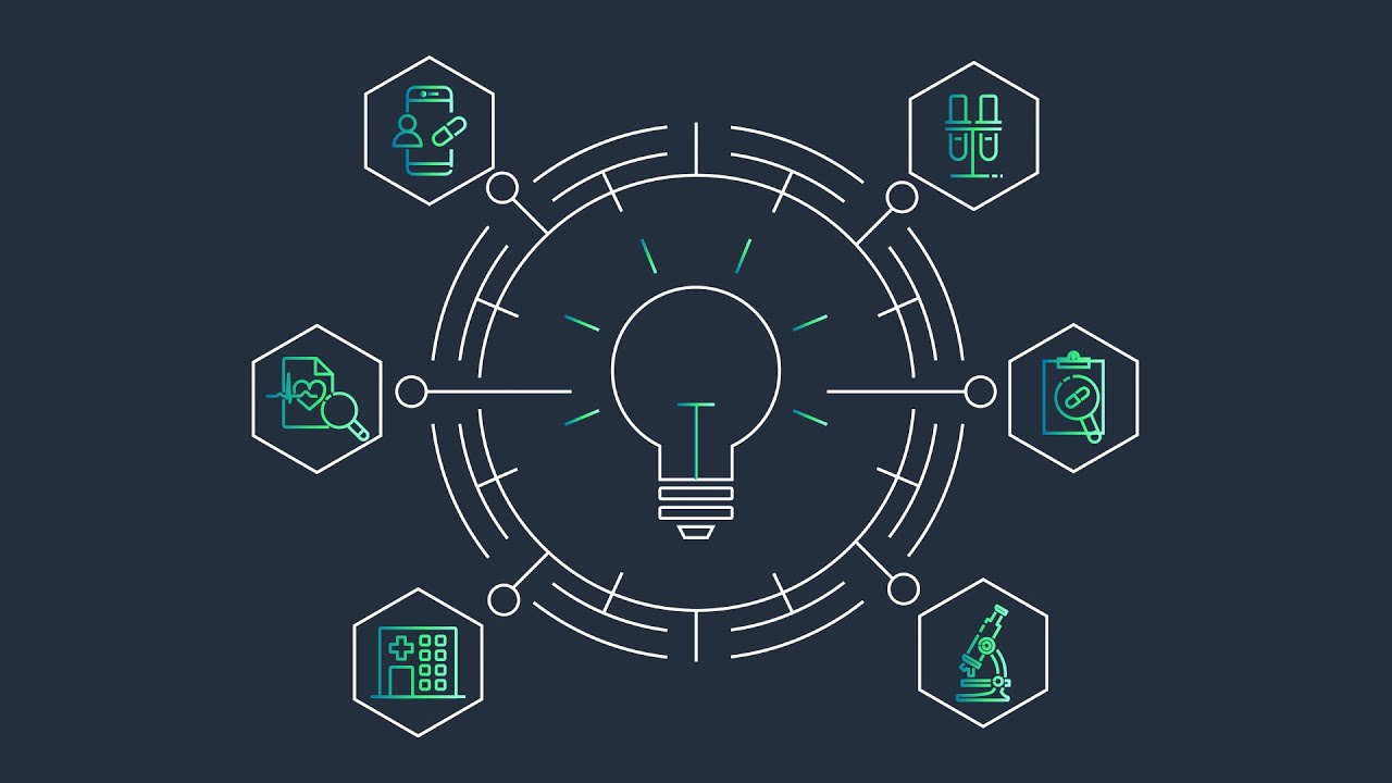 Illustration featuring a central lightbulb surrounded by hexagonal healthcare innovation icons, representing medical and scientific concepts, on a dark background.