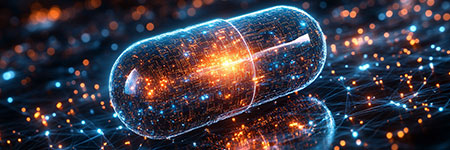 A futuristic digital capsule illuminated with glowing lights, symbolizing precision health and the integration of advanced machine learning in healthcare technology.