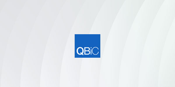 The image shows the QBIC logo in white letters on a blue square, centered on a light gray gradient background with soft curved lines. This logo is associated with AI, ML, and healthcare solutions.