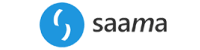 The Saama company logo with a blue emblem and black text on a transparent background.