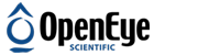 Logo for OpenEye Scientific, featuring stylized text with an abstract blue and black design.
