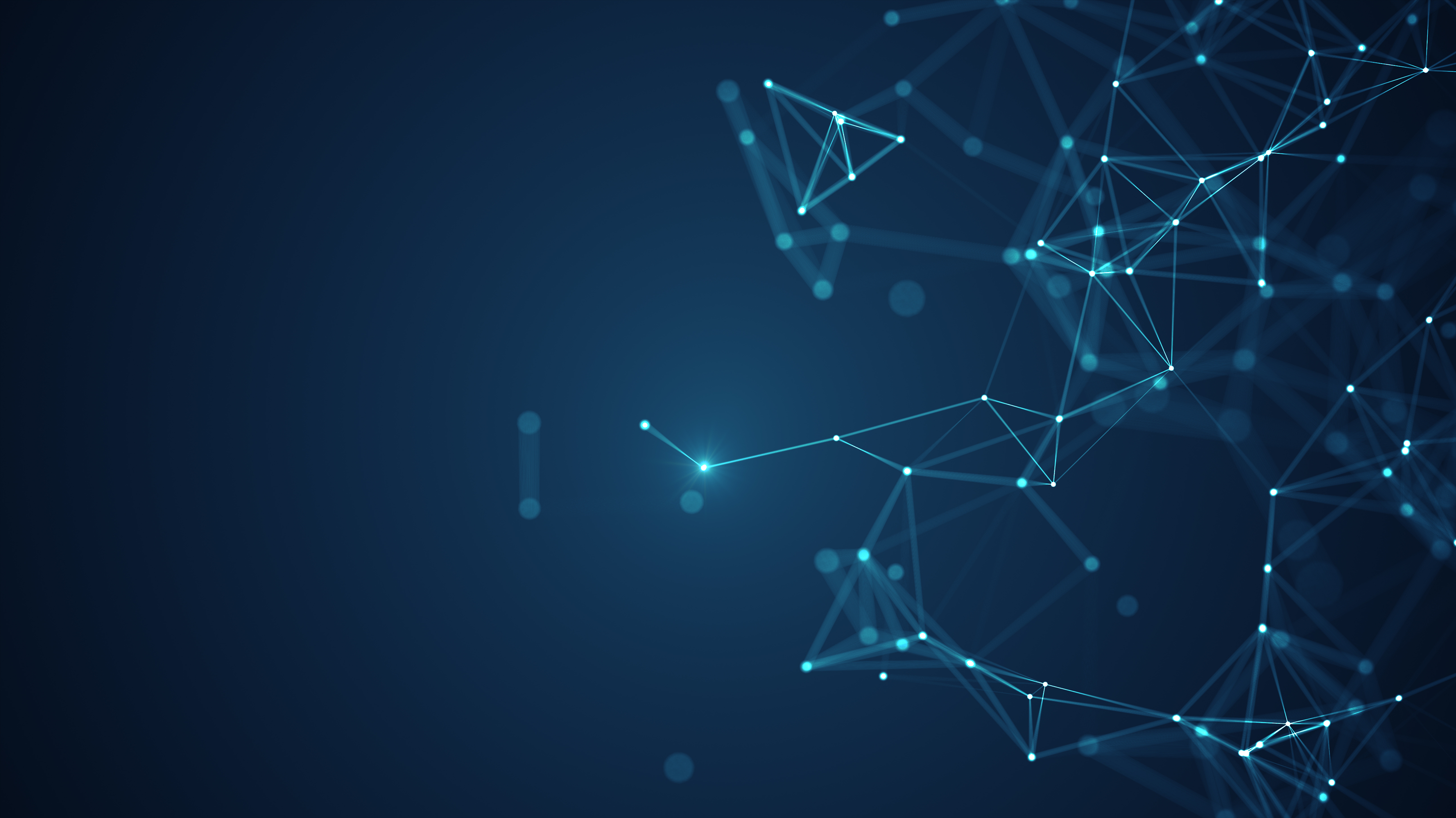 Abstract digital network with glowing blue nodes and connecting lines on a dark blue background, representing technology, machine learning, or artificial intelligence.