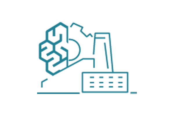 Teal icon representing a factory and health symbol, illustrating the intersection of manufacturing, industrial sectors, and machine learning for health applications.