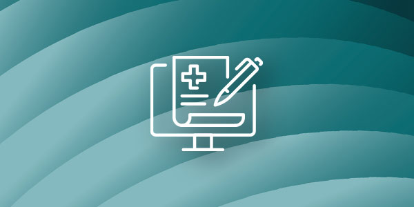 An abstract background image featuring a white icon of a computer monitor with a medical document and a pen, representing updates or news in machine learning for healthcare.