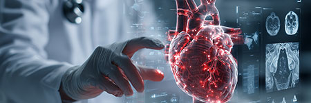 A doctor interacting with a digital 3D visualization of a human heart, highlighting the use of artificial intelligence and machine learning in healthcare for advanced diagnostics and analysis.
