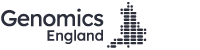 Logo of Genomics England featuring the text 'Genomics England' and an outline map of England.
