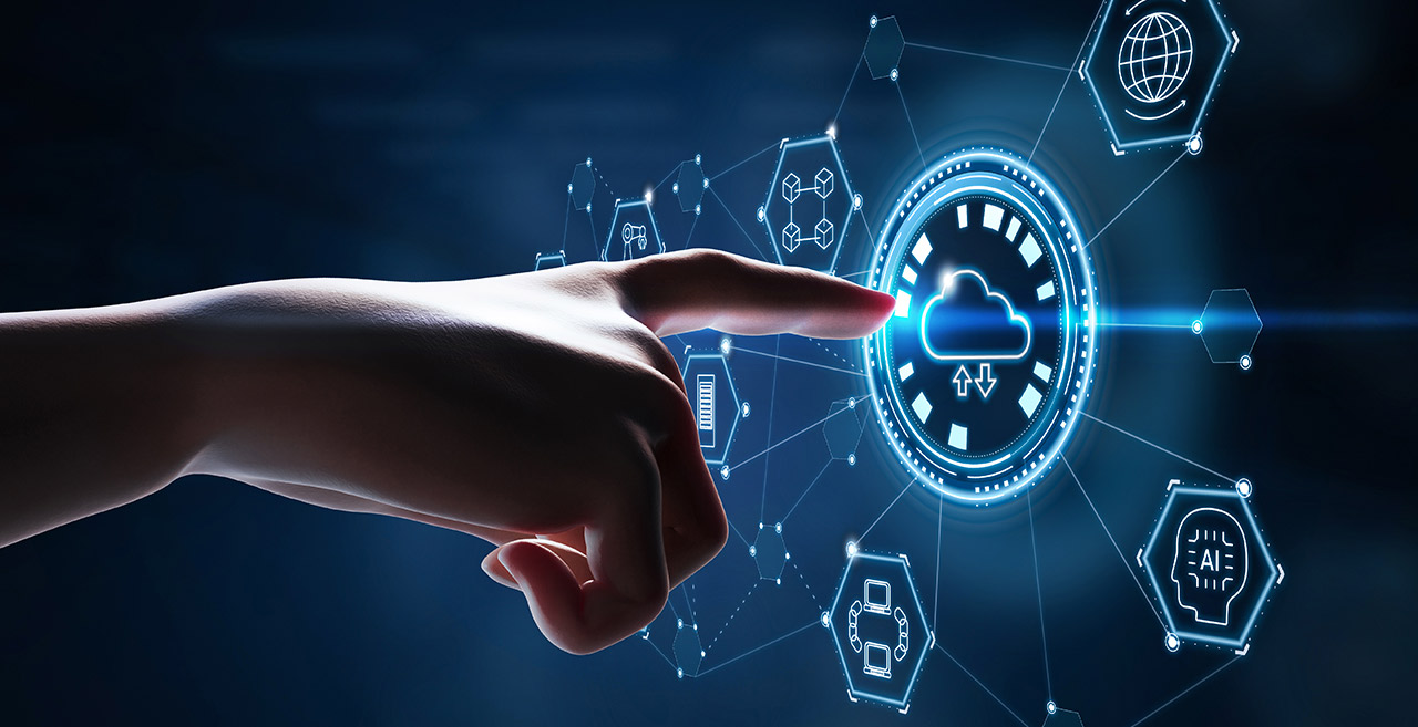 A hand reaches out to touch a glowing digital cloud icon, surrounded by futuristic AI, machine learning, and network technology symbols on a dark background.
