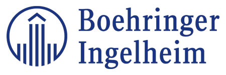 Boehringer Ingelheim logo with a stylized blue building inside a circle.