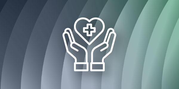 An icon of two hands holding a heart with a medical cross inside, symbolizing healthcare, on a green and blue gradient background.