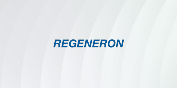 The word 'REGENERON' in blue capital letters centered on a light, softly-radiating background. Company logo.