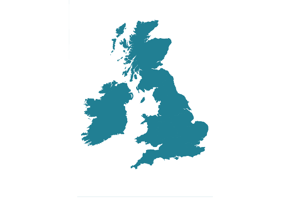 A simple, solid teal silhouette illustration representing the map outline of the United Kingdom.
