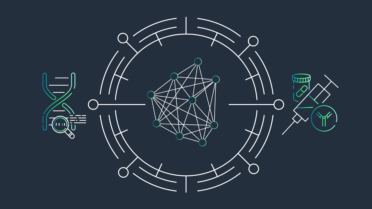 Abstract illustration representing machine learning in healthcare, featuring a neural network diagram in the center, with DNA, magnifying glass, pill bottle, and antibody icons symbolizing applications in medical research and analysis.
