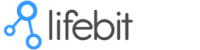 Lifebit company logo with blue icon and black text on a transparent background, 200x50 pixels.
