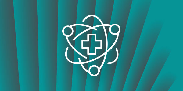 A stylized icon depicting a medical cross at the center of an atom-like structure, representing the integration of clinical healthcare and machine learning, on a teal abstract background.