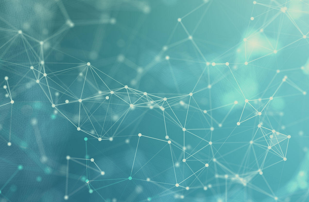 Abstract network of interconnected white dots and lines on a teal background.
