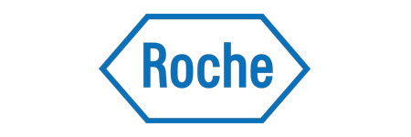 Roche logo with blue text inside a hexagonal outline.