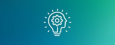 Outline of a lightbulb combined with a human head, featuring a gear inside, symbolizing ideas or innovation, on a blue-green gradient background.