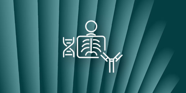 An abstract illustration representing multi-modal machine learning in healthcare, featuring icons of a DNA strand, a human figure with a chest X-ray, and an antibody structure on a teal geometric background.