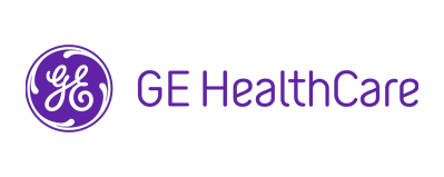 GE HealthCare logo in purple with a circular emblem containing "GE."