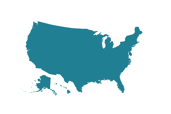 A solid blue silhouette of the map of the United States of America on a white background.