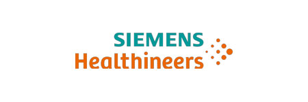 "Siemens Healthineers logo with teal and orange text and dotted design."