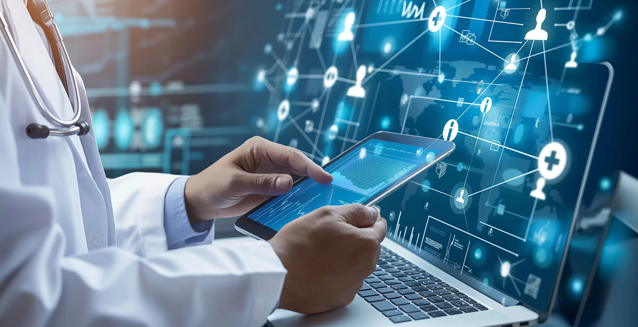 A healthcare professional in a white coat uses a digital tablet and laptop, with a high-tech interface showing medical data, patient icons, and network connections, representing healthcare technology, AI, and digital health use cases.