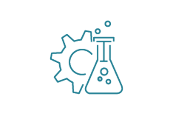 A teal-colored icon representing research and development in the medical field, featuring a magnifying glass over a document with a medical cross, on a white background.