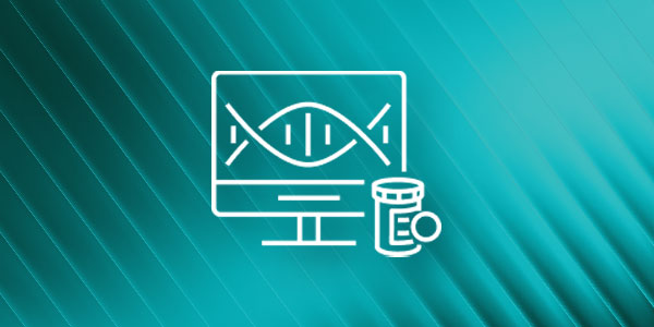 A stylized icon depicting a DNA strand on a computer monitor with a prescription bottle, representing clinical genomics and health data analysis on a teal, abstract background.
