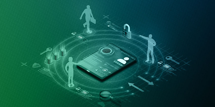 Illustration depicting healthcare data security and user access management with a digital fingerprint, smartphone, human icons, lock, and key, representing secure digital identity and confidential information exchange in healthcare technology.