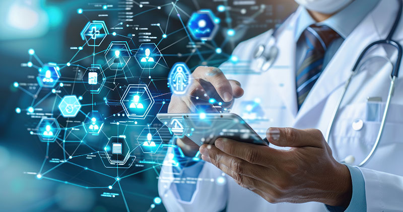 A doctor using a digital tablet with virtual healthcare icons and connections representing medical data, artificial intelligence, and digital health technology concepts.