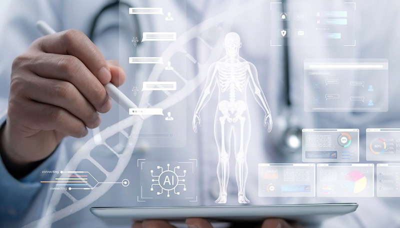 A doctor using a digital tablet with AI, DNA, and human anatomy graphics overlays, representing artificial intelligence applications in healthcare and life sciences for AstraZeneca.