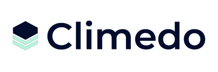 "Climedo logo featuring a hexagonal icon with layered shapes and the brand name in dark blue text."