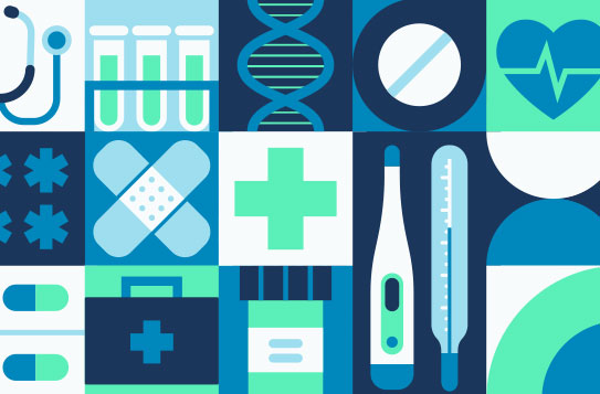 A colorful grid of medical-themed icons, including a stethoscope, test tubes, DNA strand, thermometer, heart monitor, and first aid symbols.