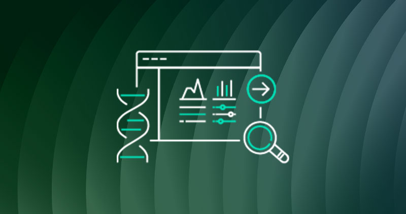 Illustration depicting genomics data analysis, showing a DNA strand, analytical charts, and magnifying glass on a green gradient background. Suitable for machine learning applications in health and genomics.